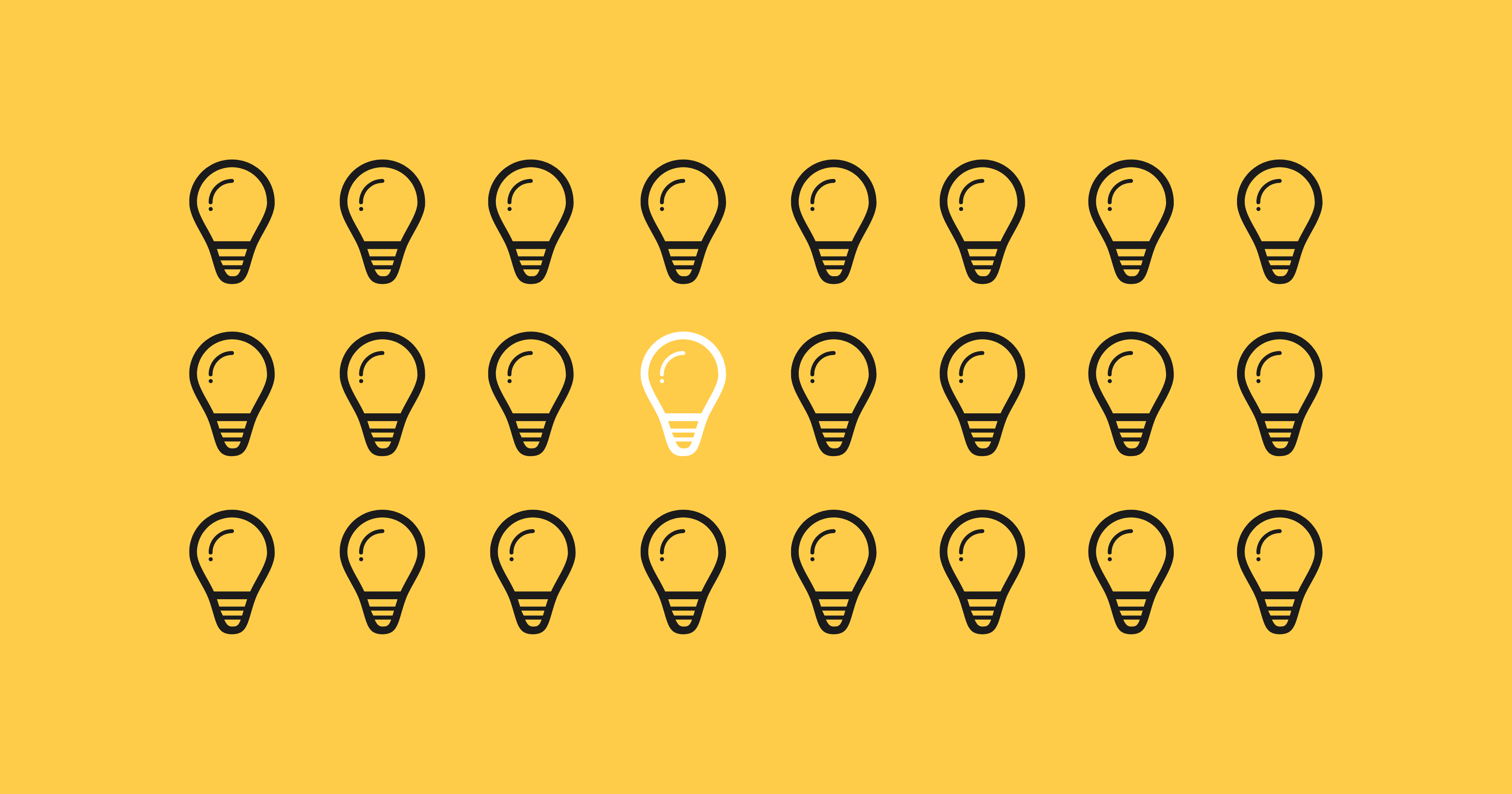 Three lines of black lightbulb graphic art on a yellow background. One lightbulb graphic in the centre is white to illustrate a big idea amongst many ideas.