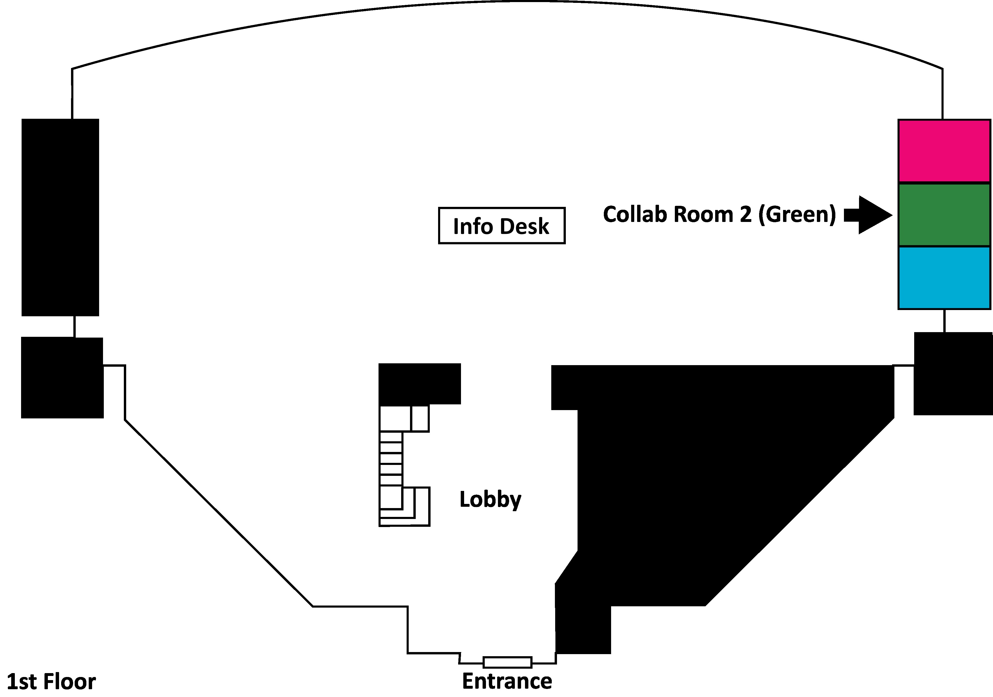 A map of the first floor of the library. An arrow is pointing to a green room on the right side of the library. There is a pink and blue room above and below the green room respectively.