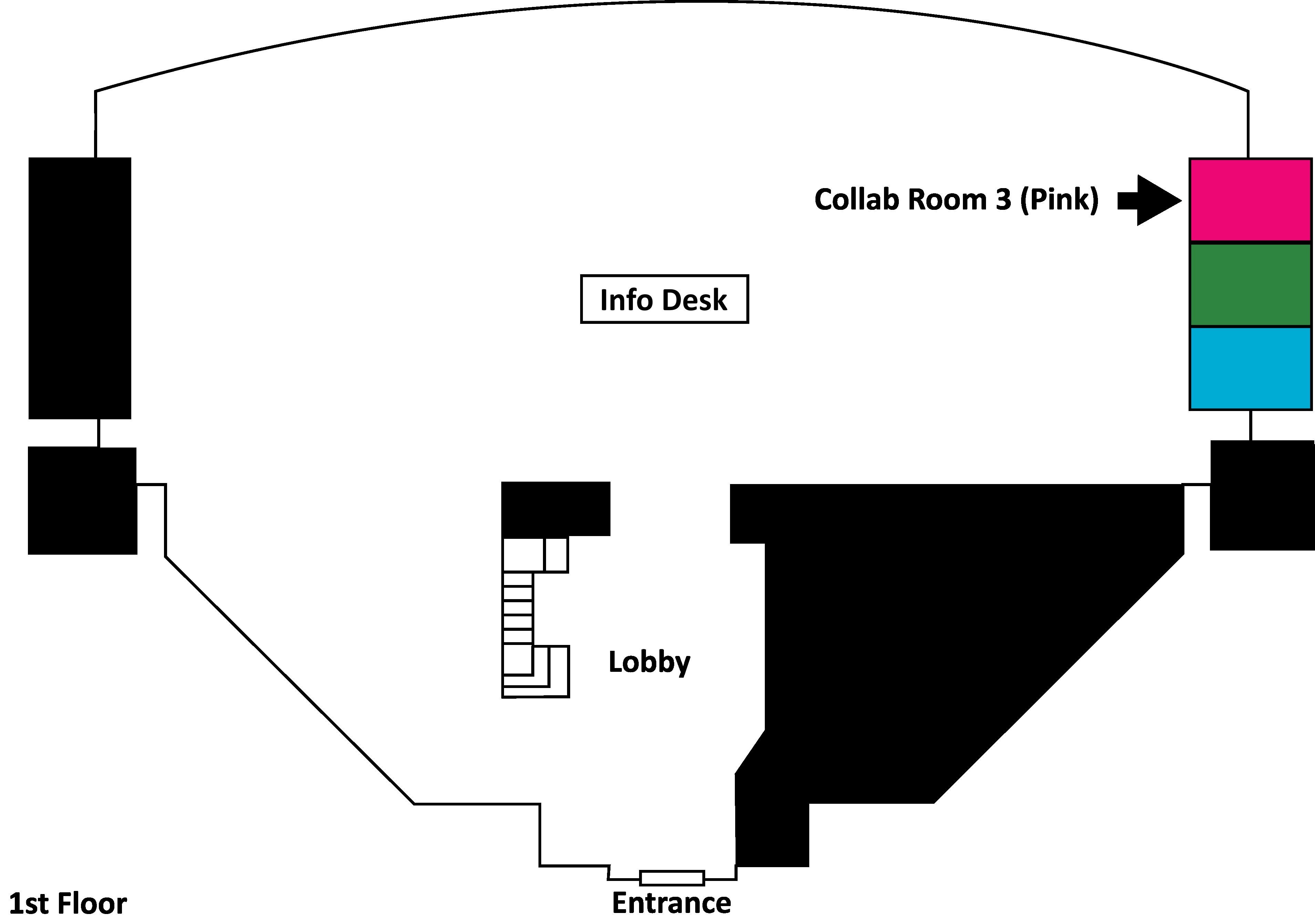 A map of the first floor of the library. There is an arrow pointing to a pink room on the left side of the library. There is a green and blue room below the pink room.