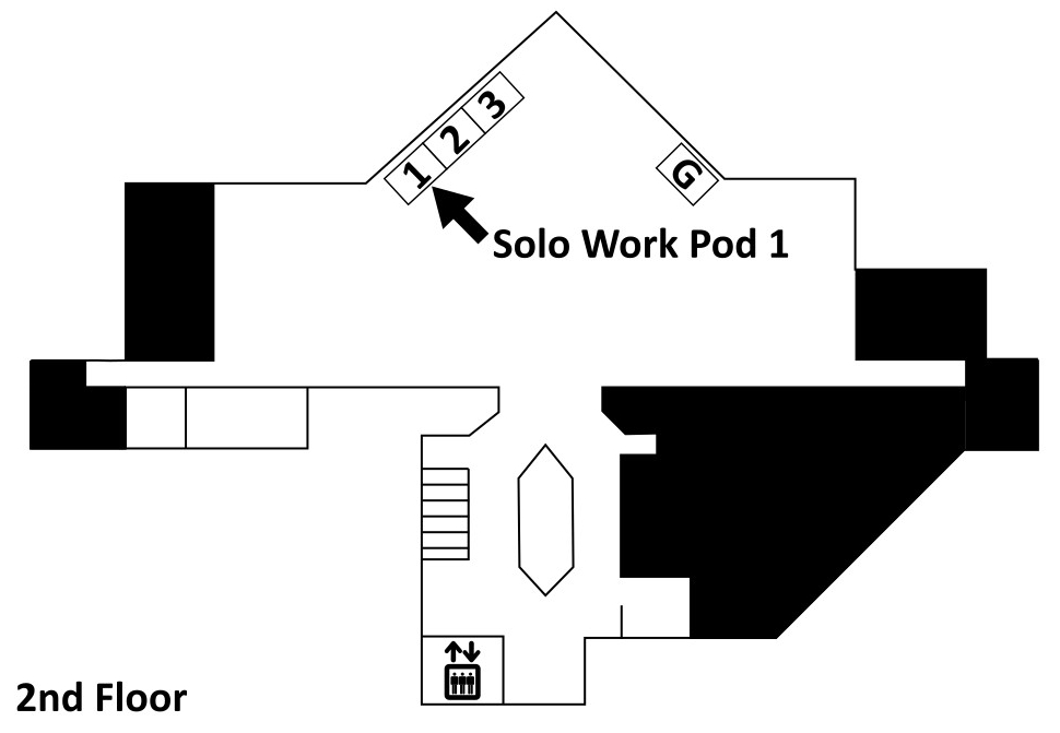 Map of the Library second floor with the text "Solo Work Pod 1" and an arrow pointing to the first in a row of three work pods.