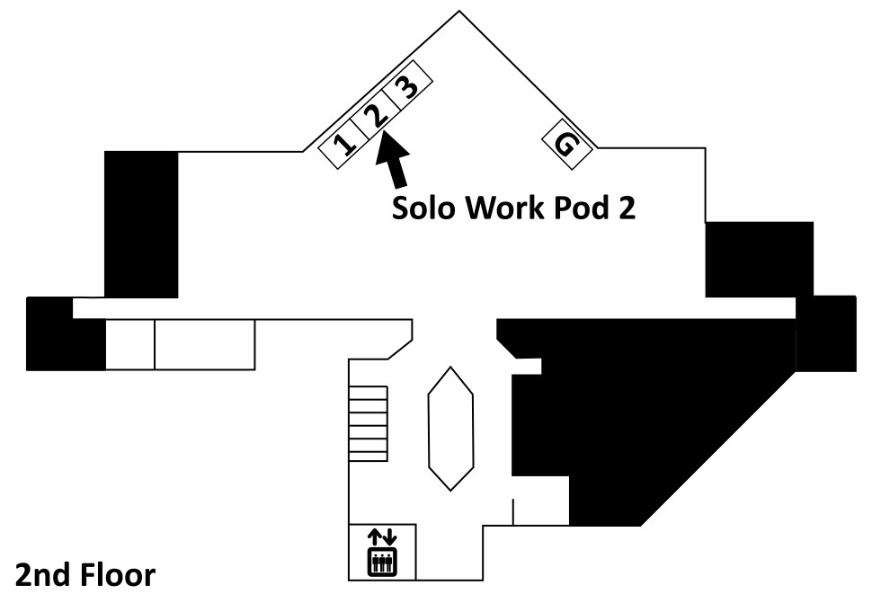 Map of the Library second floor with the text &quot;Solo Work Pod 2&quot; and an arrow pointing to the second in a row of three work pods.