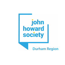 John Howard Society in blue writing, inside a blue speaking bubble square with Durham Region written below