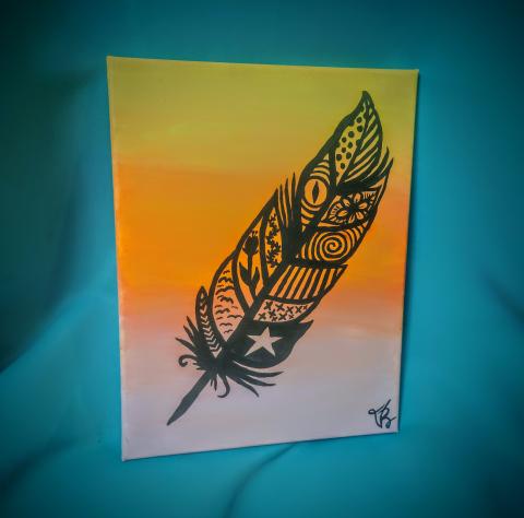 A painting of a black feather with an orange background.