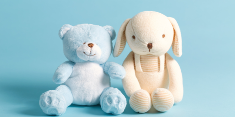 Two stuffed animals sitting together on a table.