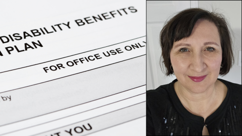 government document with title "disability benefits plan" beside image of a smiling white woman with short brown hair, brown eyes, within pink lipstick wearing a black shirt