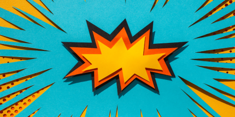 Comic book style graphic in orange, yellow, and blue