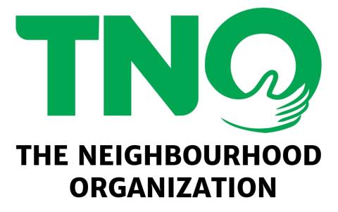 TNO in green writing with an open hand graphic forming the bottom of the O. In black writing underneath is The Neighbourhood Organization. This forms the TNO logo.