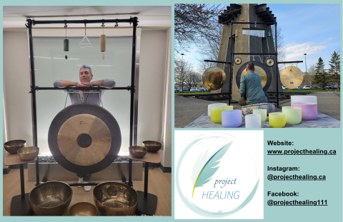 2 pictures of John Standingready with instruments and the ProjectHealing.ca logo and website.