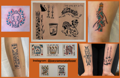 Seven images of Jewish themed tattoos with the Instagram handle of the artist: @JoeyRamonaTattooer