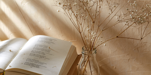 Open book of poetry beside a potted plant, sunlight shining. 