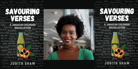 'Savouring Verses' book cover on either side of Judith Shaw's author photo.