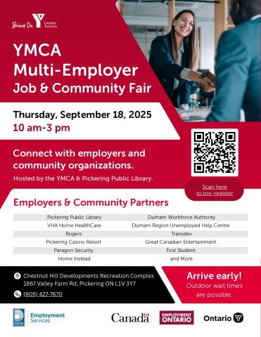 Flyer promoting YMCA Job Fair listing time, date, address, a few expected employers, registration QR code.