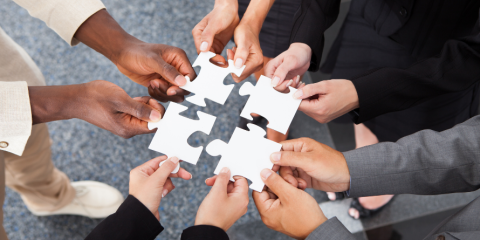 Multiple hands putting puzzle pieces together. 