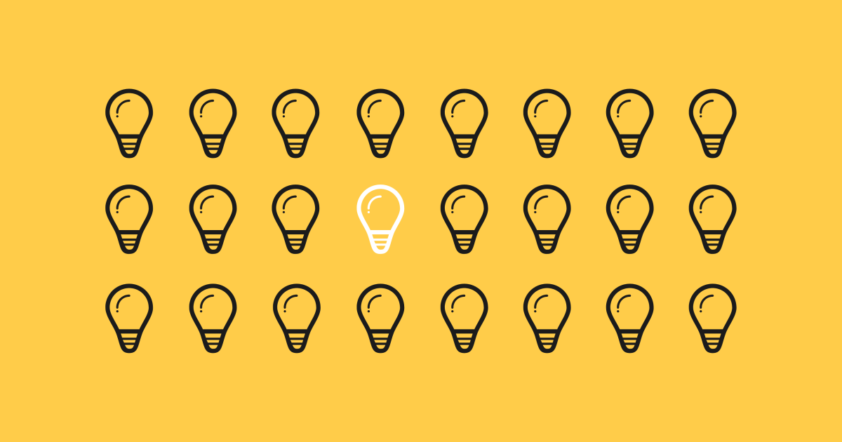 Three lines of black lightbulb graphic art on a yellow background. One lightbulb graphic in the centre is white to illustrate a big idea amongst many ideas.