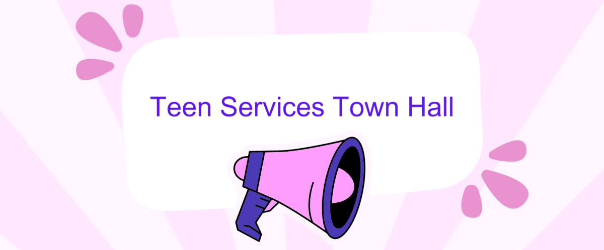 Title saying "Teen Services Town Hall" with a pink and purple megaphone