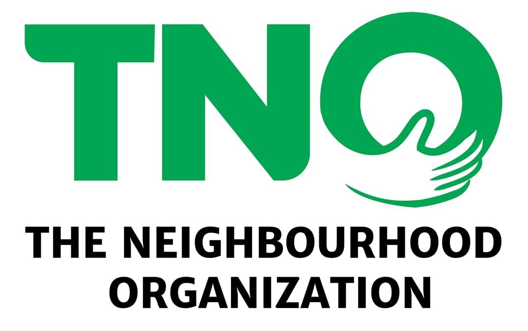 TNO in green writing with an open hand graphic forming the bottom of the O. In black writing underneath is The Neighbourhood Organization. This forms the TNO logo.