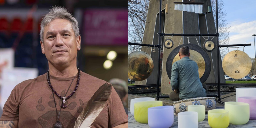 John Standingready headshot, man on his knees before a gong.