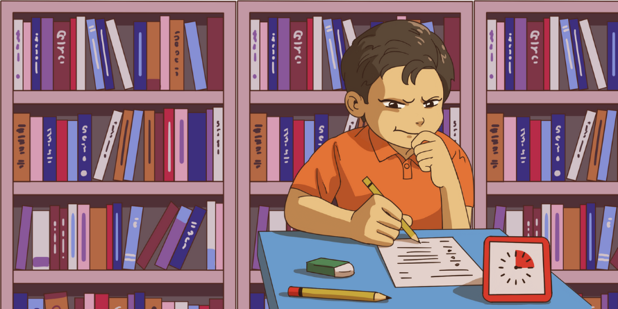 Anime boy thinking with a sheet of paper at his desk. 