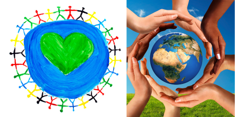 Crayon drawing of earth with children around it plus other earth with Hands