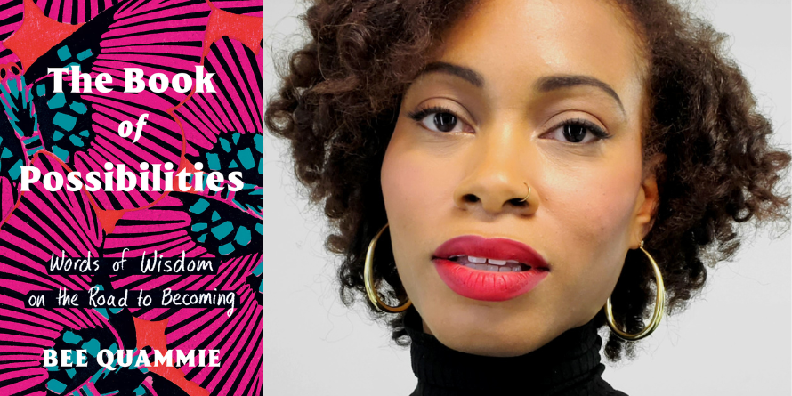 'Book of Possibilities' cover beside Bee Quammie's headshot. 