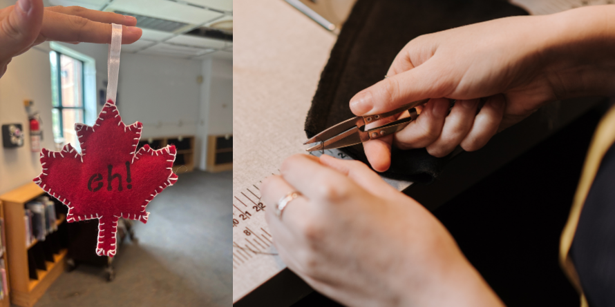Example of the maple leaf craft, alongside a photo of hands sewing. 
