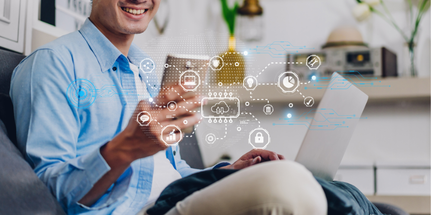 Smiling man on his phone, digital designs overtop. 