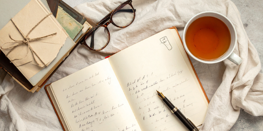 Open book, glasses, cup of tea. 